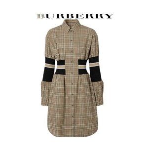 Burberry - Rib Knit Panel Check Cotton Poplin Shirt Dress - Size 36